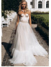 Two Piece Blush Satin Ivory Tulle Fashionable Wedding Dress